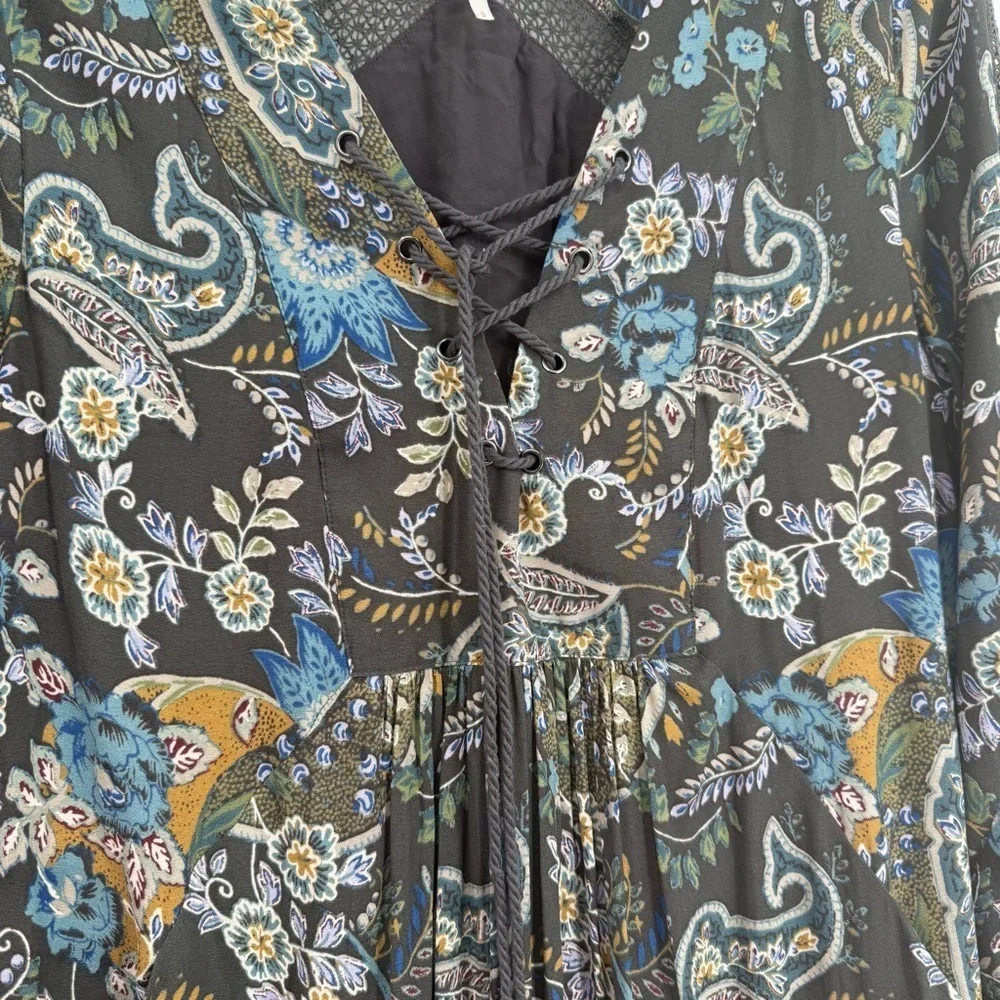 Free People Rain or Shine Dress S Paisley Floral Lace Up Tunic Gray Long Sleeve
